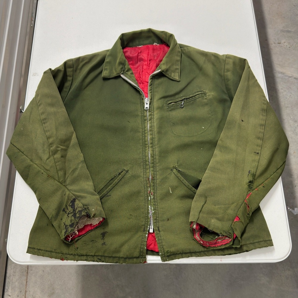 Vintage 70s harrington Work Jacket Mens Olive Green Distressed Quilted Lined